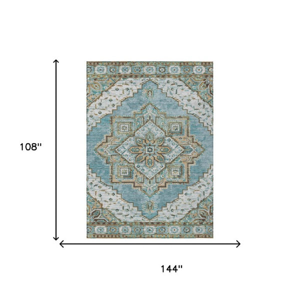 9 X 12 Teal Graphite Oriental Polyester Area Rug Washable for Patio or Living Room