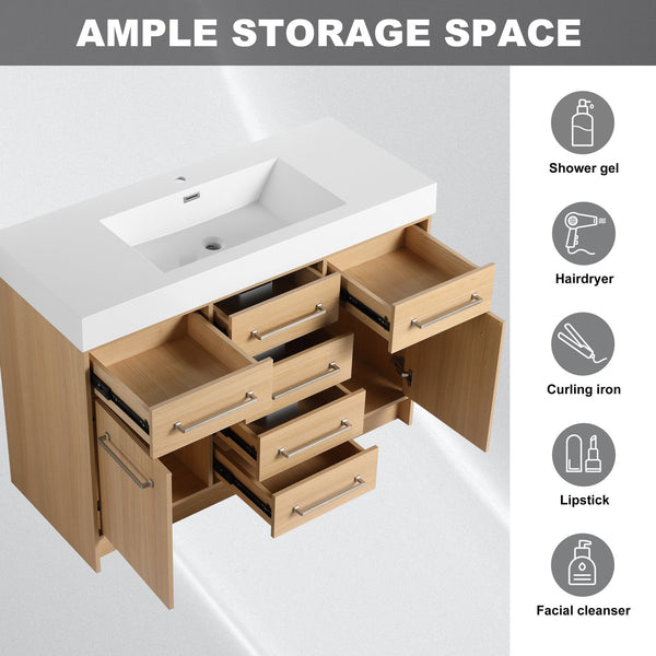 English Elm 48" Freestanding Bathroom Vanity with Resin Sink, Original Oak Finish, 2 Doors & 6 Drawers, Plywood W1972P315227