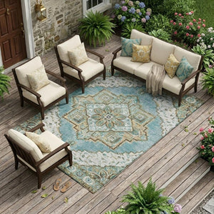 10 X 14 Teal Graphite Oriental Polyester Area Rug for Indoor Outdoor Living