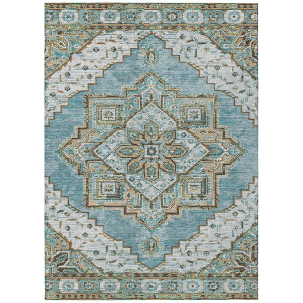 HomeRoots 10 X 14 Teal Graphite Oriental Polyester Area Rug for Indoor Outdoor Living 737344