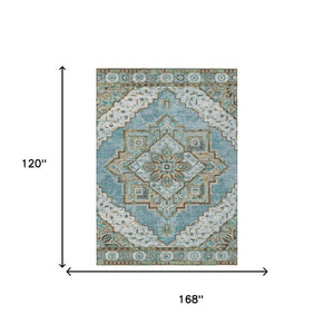 10 X 14 Teal Graphite Oriental Polyester Area Rug for Indoor Outdoor Living