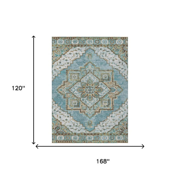 10 X 14 Teal Graphite Oriental Polyester Area Rug for Indoor Outdoor Living