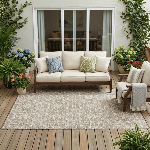 5x8 Beige Khaki Oriental Polyester Area Rug Washable for Indoor Outdoor Use