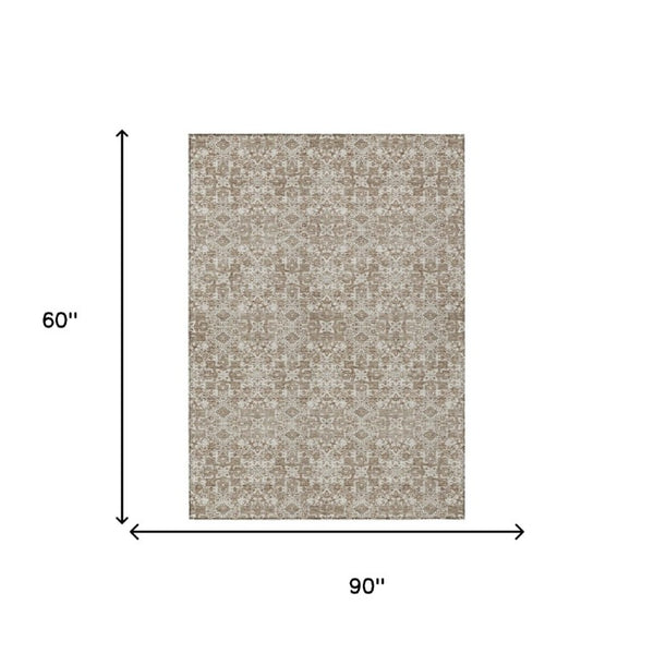 5x8 Beige Khaki Oriental Polyester Area Rug Washable for Indoor Outdoor Use