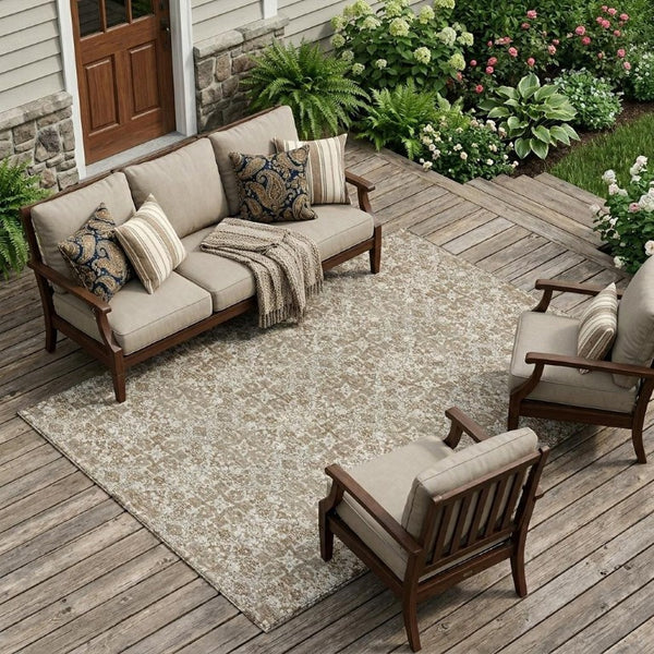 8x10 Beige Khaki Oriental Polyester Area Rug Stain Resistant Indoor Outdoor Use
