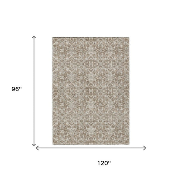 8x10 Beige Khaki Oriental Polyester Area Rug Stain Resistant Indoor Outdoor Use