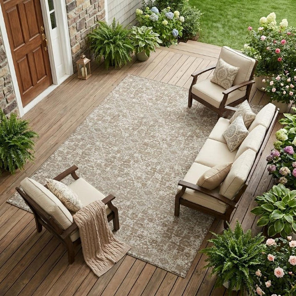 10 X 14 Beige Khaki Oriental Polyester Area Rug Stain Resistant for Patio Living