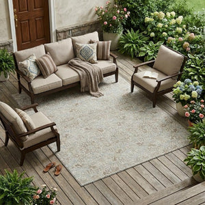 8 Ft X 10 Ft Ivory Gray Oriental Polyester Area Rug Stain Resistant Indoor Outdoor