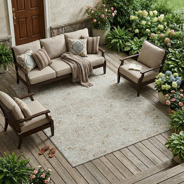 8 Ft X 10 Ft Ivory Gray Oriental Polyester Area Rug Stain Resistant Indoor Outdoor