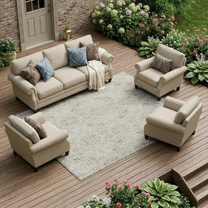 9x12 Ivory Gray Oriental Polyester Area Rug Stain Resistant Indoor Outdoor Use