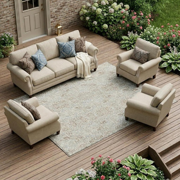9x12 Ivory Gray Oriental Polyester Area Rug Stain Resistant Indoor Outdoor Use
