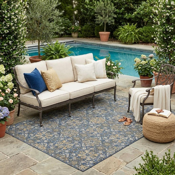 5x8 Navy Silver Oriental Polyester Area Rug Washable Stain Resistant Indoor Outdoor