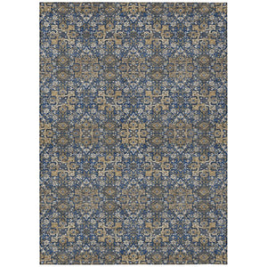 HomeRoots 5x8 Navy Silver Oriental Polyester Area Rug Washable Stain Resistant Indoor Outdoor 737376