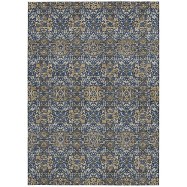 5x8 Navy Silver Oriental Polyester Area Rug Washable Stain Resistant Indoor Outdoor