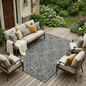 9x12 Navy Silver Oriental Polyester Area Rug Washable Stain Resistant Indoor Outdoor