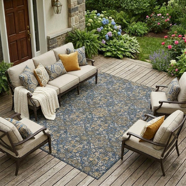 9x12 Navy Silver Oriental Polyester Area Rug Washable Stain Resistant Indoor Outdoor