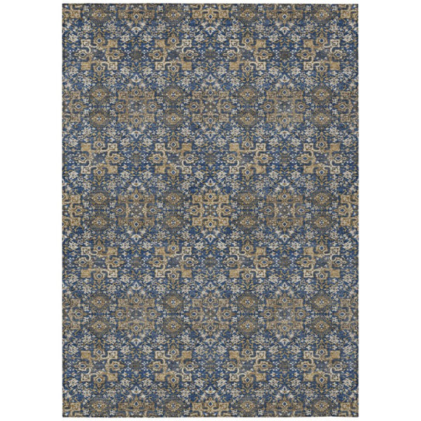 HomeRoots 9x12 Navy Silver Oriental Polyester Area Rug Washable Stain Resistant Indoor Outdoor 737379