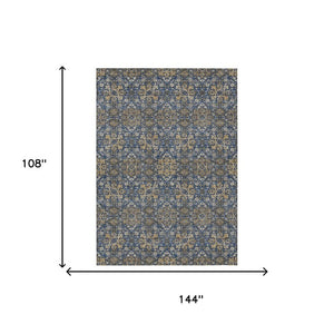 9x12 Navy Silver Oriental Polyester Area Rug Washable Stain Resistant Indoor Outdoor