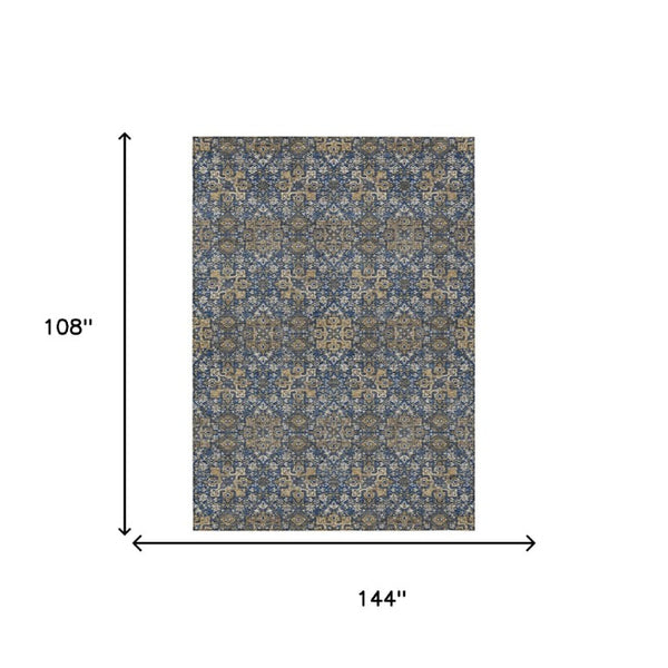 9x12 Navy Silver Oriental Polyester Area Rug Washable Stain Resistant Indoor Outdoor