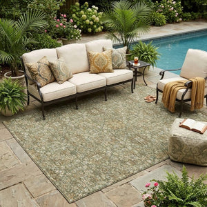 5 X 8 Olive Ivory Oriental Polyester Area Rug Washable for Indoor Outdoor Use