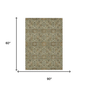 5 X 8 Olive Ivory Oriental Polyester Area Rug Washable for Indoor Outdoor Use