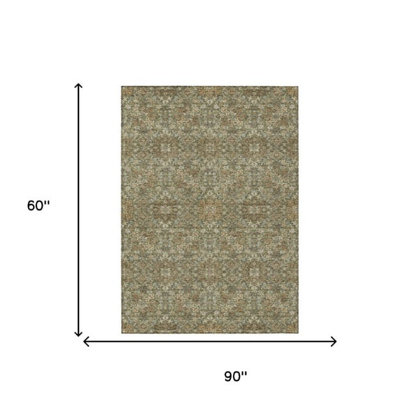 5 X 8 Olive Ivory Oriental Polyester Area Rug Washable for Indoor Outdoor Use