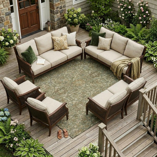 8x10 Oriental Polyester Area Rug Washable Indoor Outdoor Ivory Olive Patio