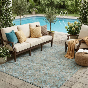 5x8 Teal Oriental Polyester Area Rug Washable Stain Resistant Indoor Outdoor Use