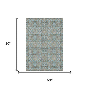 5x8 Teal Oriental Polyester Area Rug Washable Stain Resistant Indoor Outdoor Use