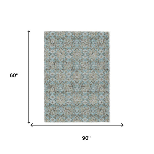 5x8 Teal Oriental Polyester Area Rug Washable Stain Resistant Indoor Outdoor Use