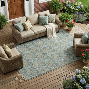 8 Ft X 10 Ft Teal Oriental Polyester Area Rug Stain Resistant for Patio or Living Room