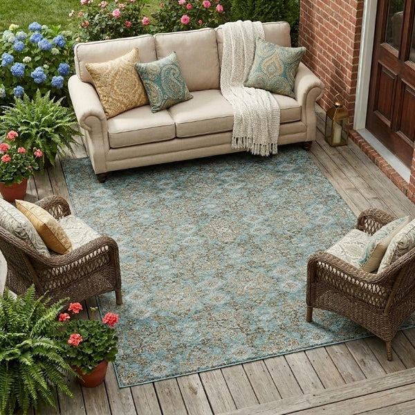9 X 12 Teal Oriental Polyester Area Rug Washable Stain Resistant Indoor Outdoor