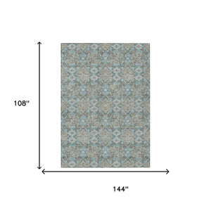 9 X 12 Teal Oriental Polyester Area Rug Washable Stain Resistant Indoor Outdoor