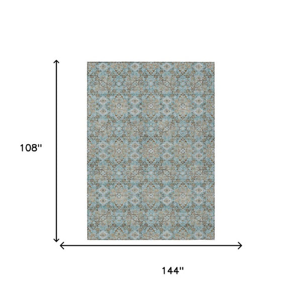 9 X 12 Teal Oriental Polyester Area Rug Washable Stain Resistant Indoor Outdoor