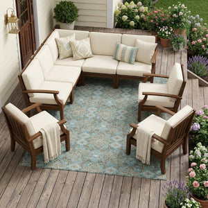 10 X 14 Teal Oriental Polyester Area Rug Washable Stain Resistant Indoor Outdoor