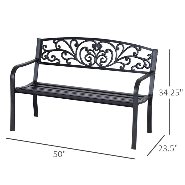 English Elm Outsunny 50" Elegant Metal Garden Bench With Floral-Scroll Backrest For Patios, Yards & Parks W2225P217571-GIGA