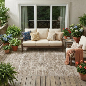 5 X 8 Beige Brown Floral Polyester Area Rug Washable for Indoor Outdoor Spaces