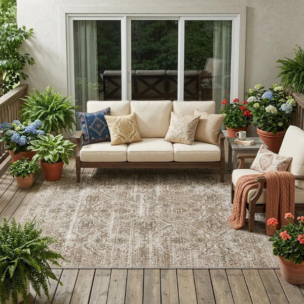 5 X 8 Beige Brown Floral Polyester Area Rug Washable for Indoor Outdoor Spaces