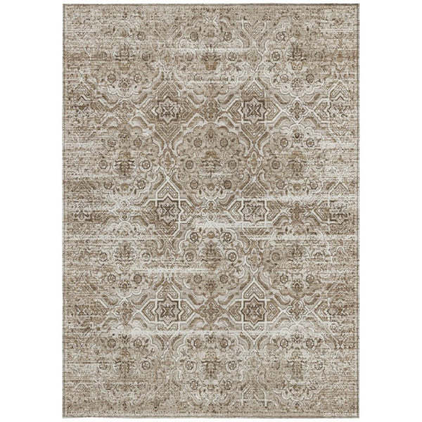 5 X 8 Beige Brown Floral Polyester Area Rug Washable for Indoor Outdoor Spaces