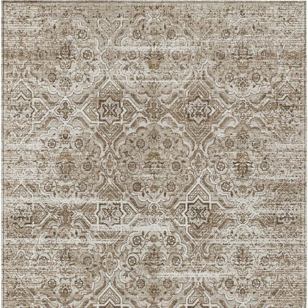 5 X 8 Beige Brown Floral Polyester Area Rug Washable for Indoor Outdoor Spaces