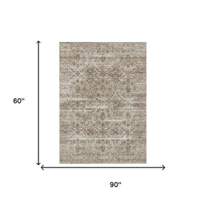 5 X 8 Beige Brown Floral Polyester Area Rug Washable for Indoor Outdoor Spaces