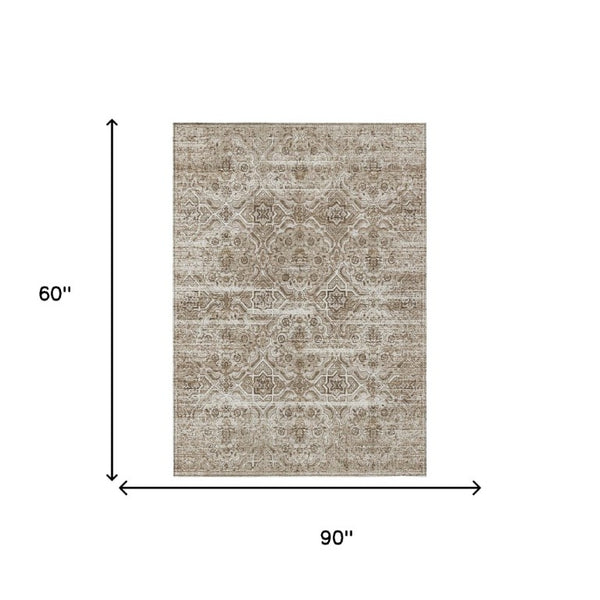 5 X 8 Beige Brown Floral Polyester Area Rug Washable for Indoor Outdoor Spaces