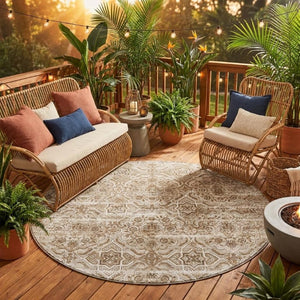 8 Ft Round Floral Polyester Area Rug Washable Beige Brown Indoor Outdoor Patio