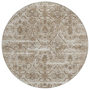 HomeRoots 8 Ft Round Floral Polyester Area Rug Washable Beige Brown Indoor Outdoor Patio 737401