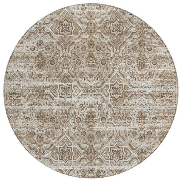 HomeRoots 8 Ft Round Floral Polyester Area Rug Washable Beige Brown Indoor Outdoor Patio 737401