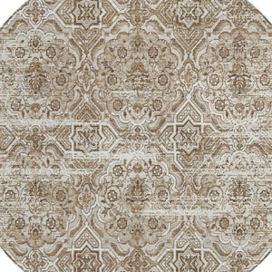8 Ft Round Floral Polyester Area Rug Washable Beige Brown Indoor Outdoor Patio