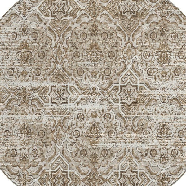 8 Ft Round Floral Polyester Area Rug Washable Beige Brown Indoor Outdoor Patio