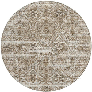 8 Ft Round Floral Polyester Area Rug Washable Beige Brown Indoor Outdoor Patio