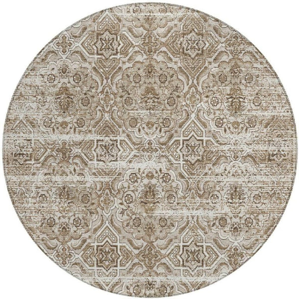 8 Ft Round Floral Polyester Area Rug Washable Beige Brown Indoor Outdoor Patio