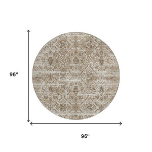 8 Ft Round Floral Polyester Area Rug Washable Beige Brown Indoor Outdoor Patio